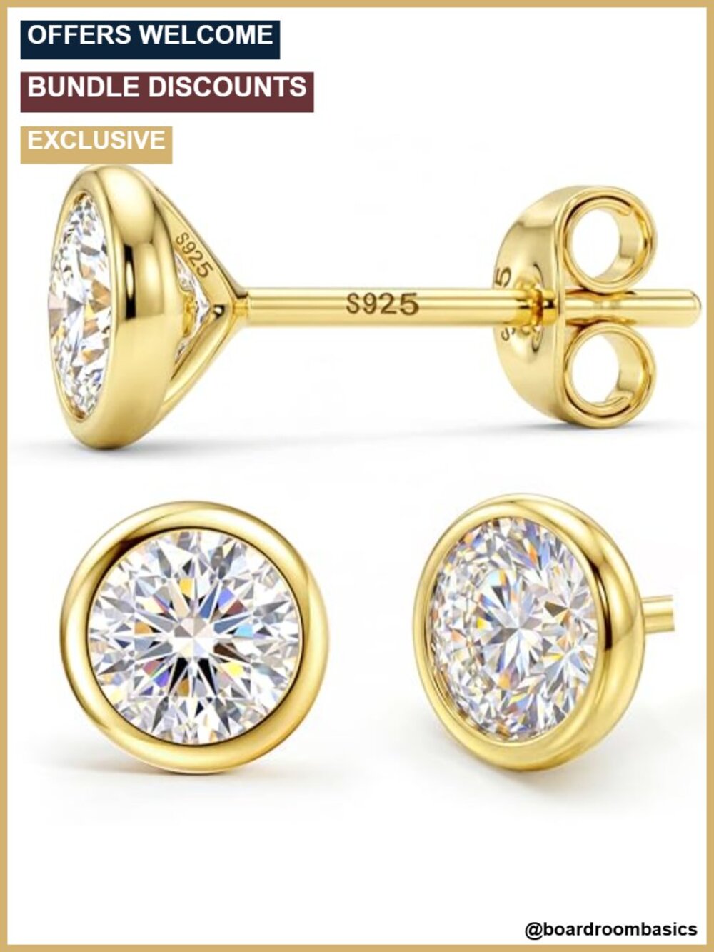 Moissanite Stud Earrings 925 Sterling Silver Gold Plated Bezel Set
